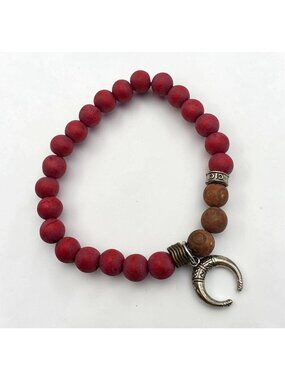 Red Wood Beaded Stretch Bracelet Celtic Double Horn Charm Chavez For Charity